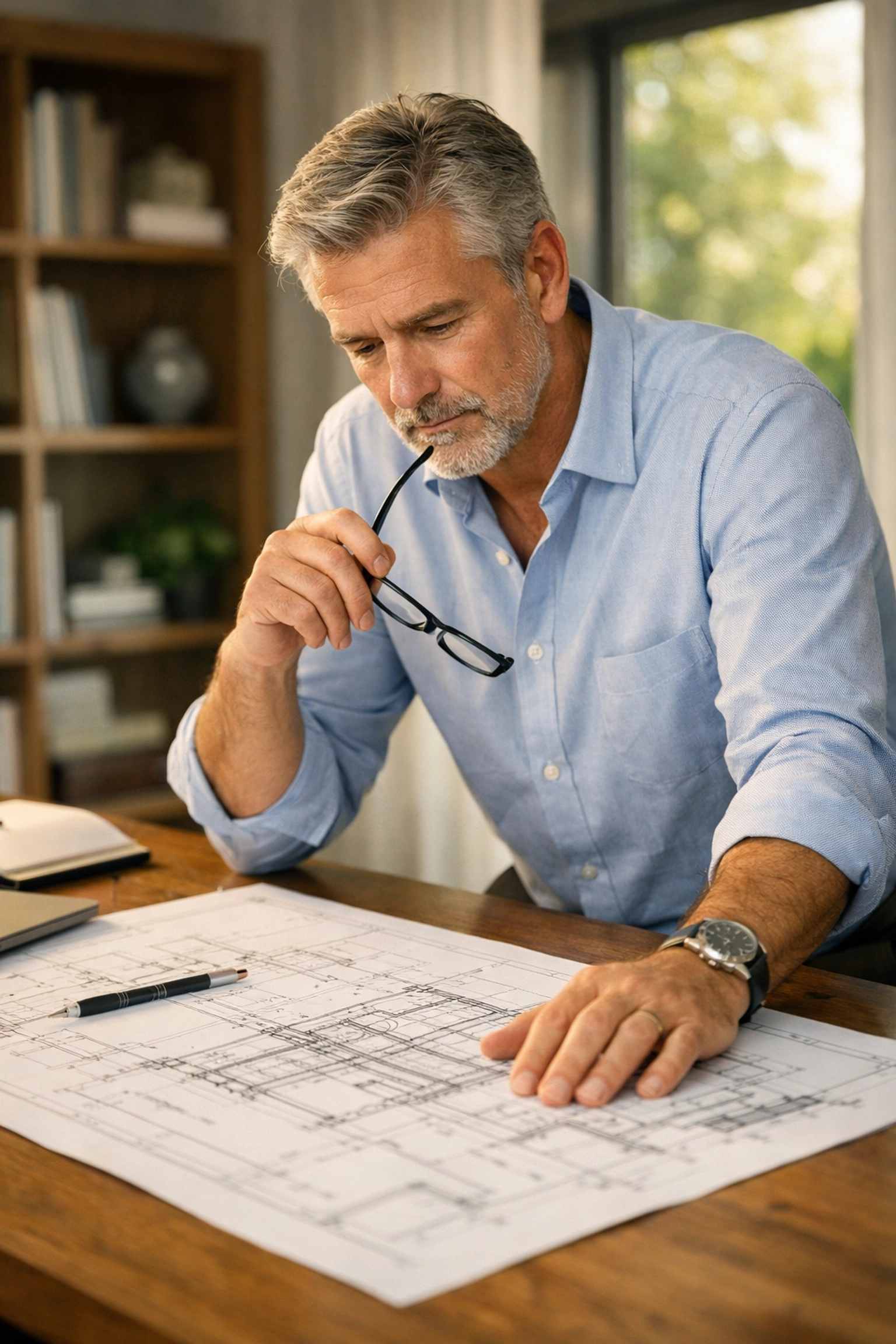 A retired professional reviewing blueprints, symbolizing precision in retirement planning and financial architecture.