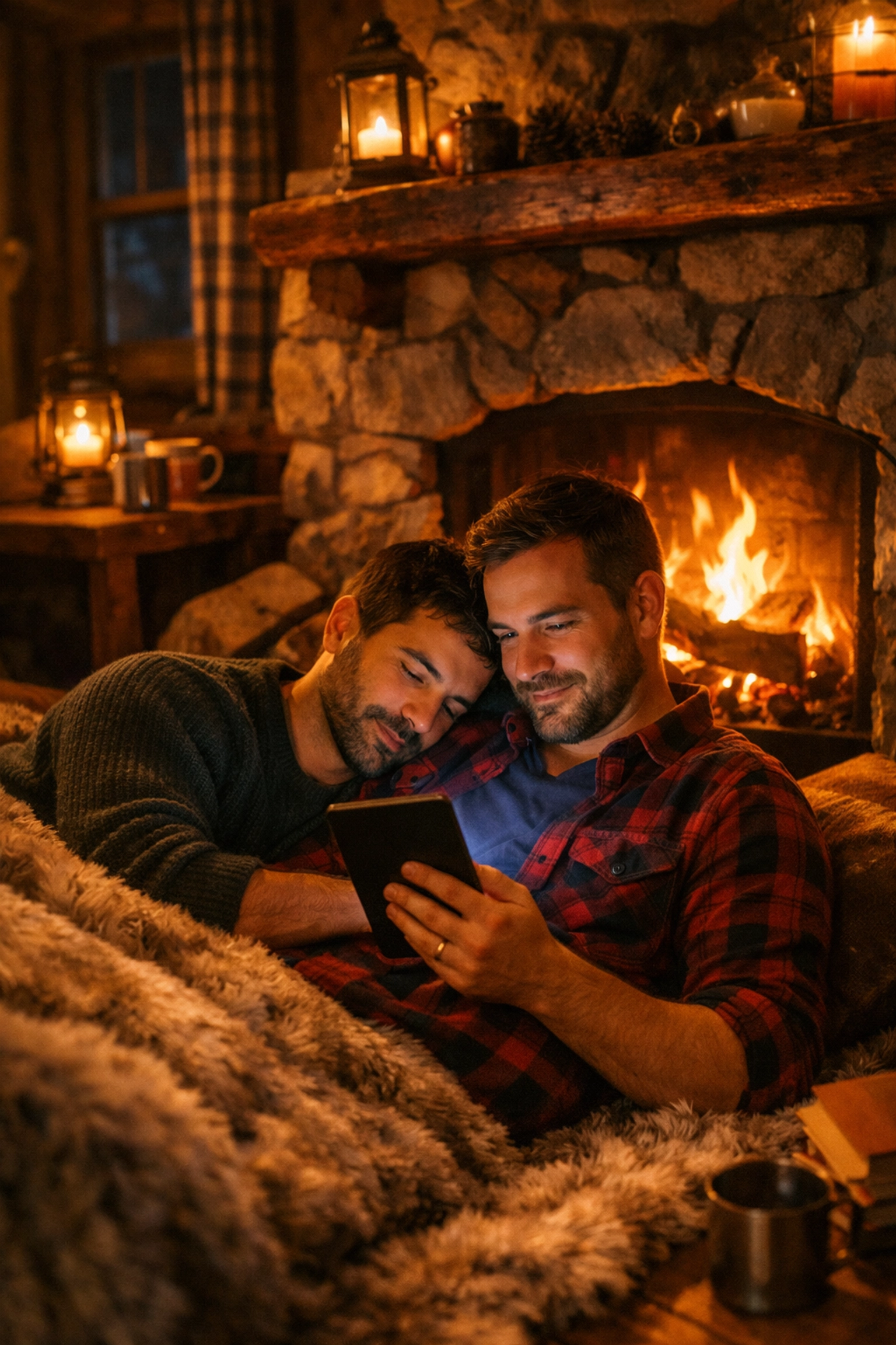Gay couple reading an MM romance ebook together by a cozy fireplace in a mountain cabin.