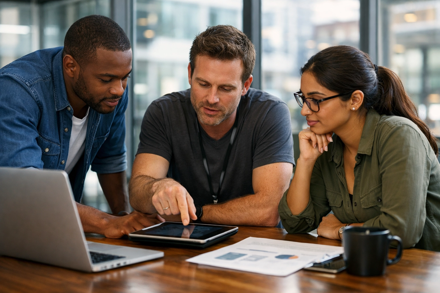 IT professionals collaborating on a ServiceNow implementation strategy for ITOM and ITAM compliance.