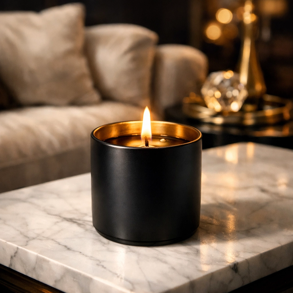Luxury Palais Royale candle on a marble table, showcasing high-end Black-owned home decor.