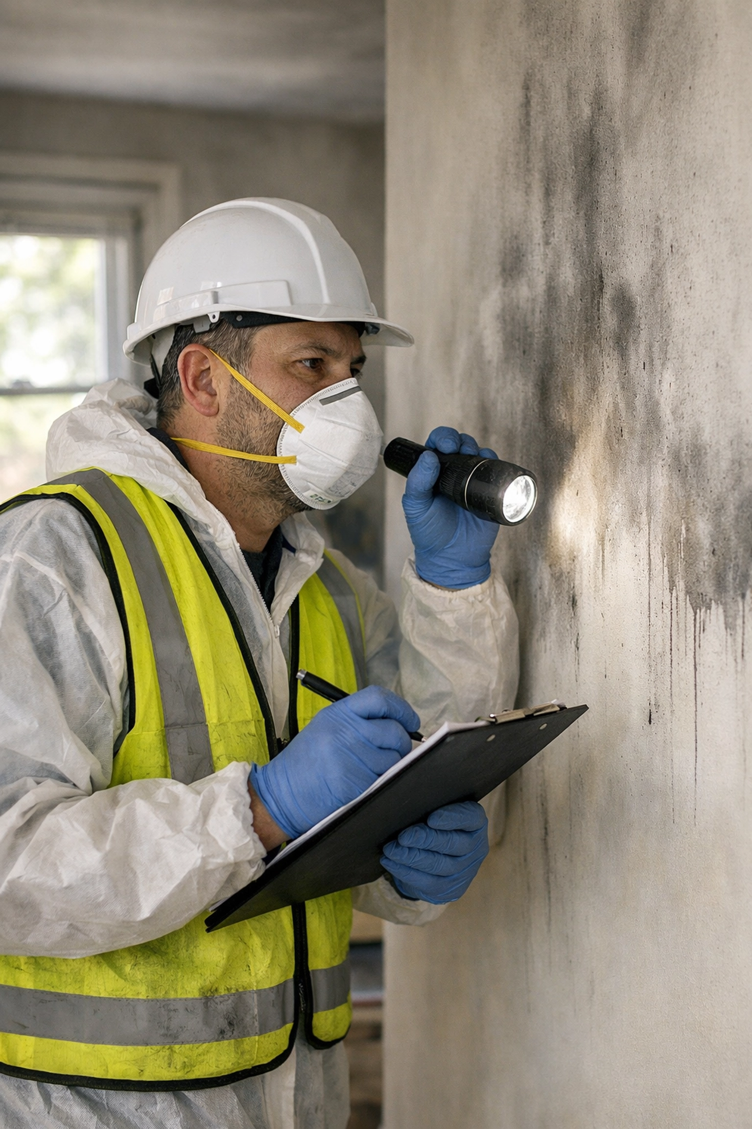 Fire damage restoration technician inspecting smoke-damaged walls in Chester County home