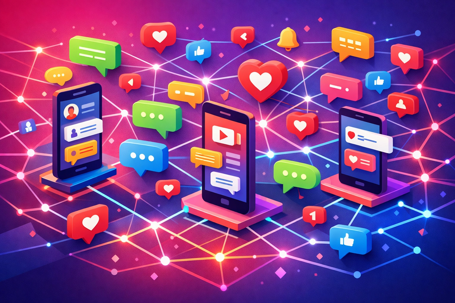 Conceptual graphic of an interconnected social media marketing network for small business digital outreach and growth.