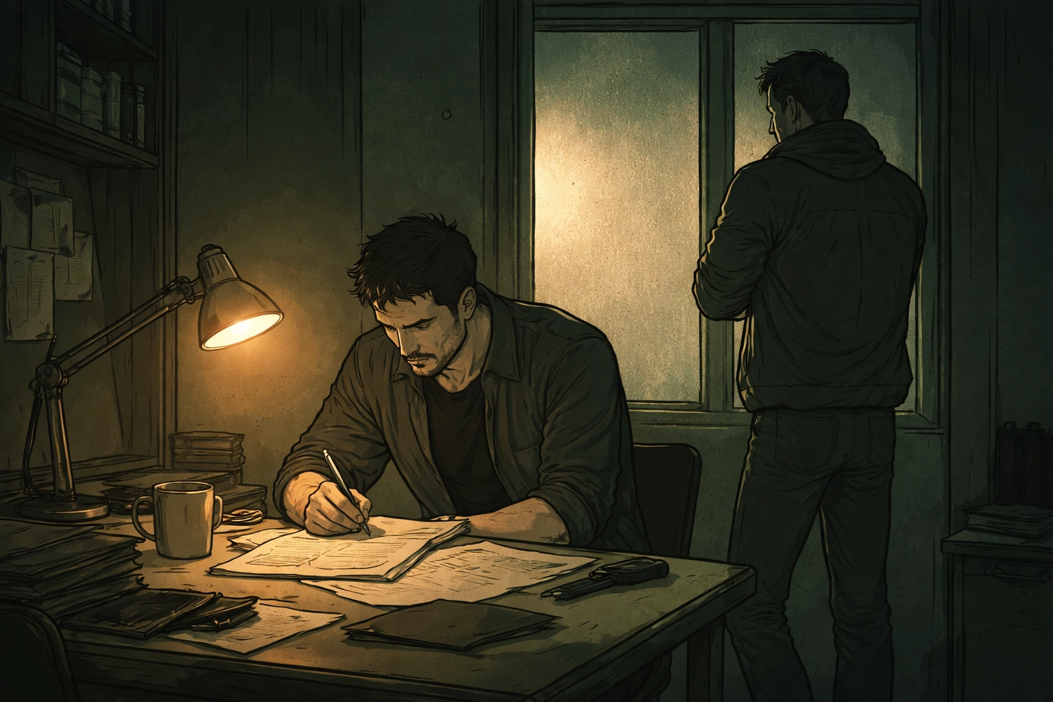 Two male spies in an intimate, dimly lit safe house, one watching the window and one studying documents, capturing MM romance and espionage tension.