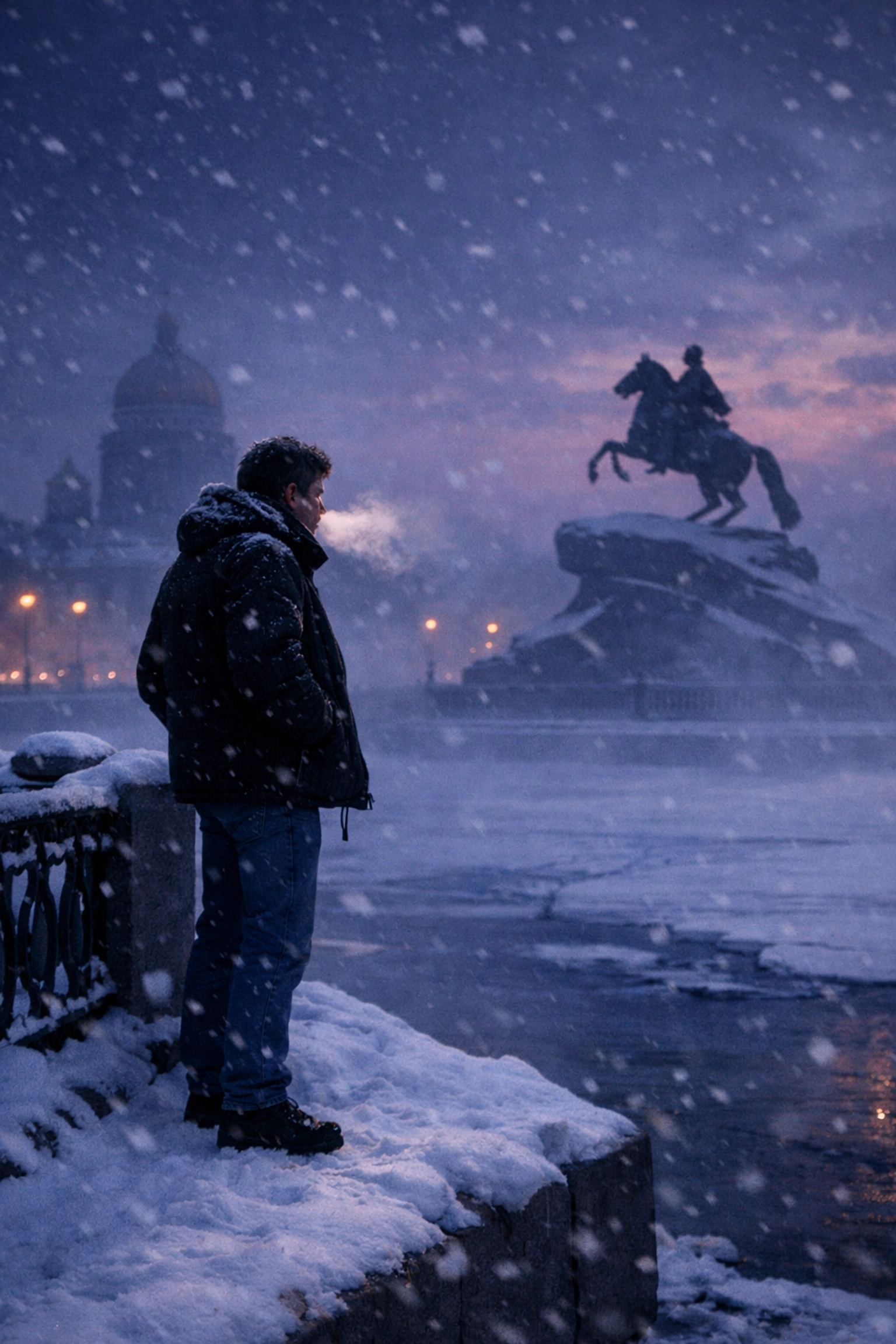 Gay man stands by the frozen Neva River seeking connection in 1980s Soviet St. Petersburg