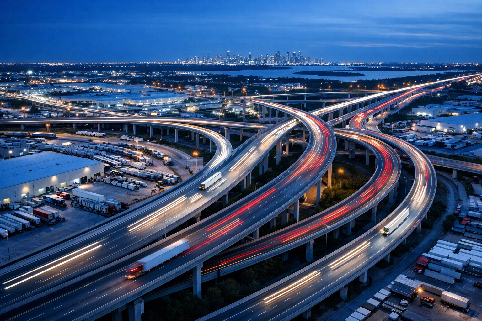 Florida logistics highway interchange showing trucks delivering 2-day ground shipping through Miami.