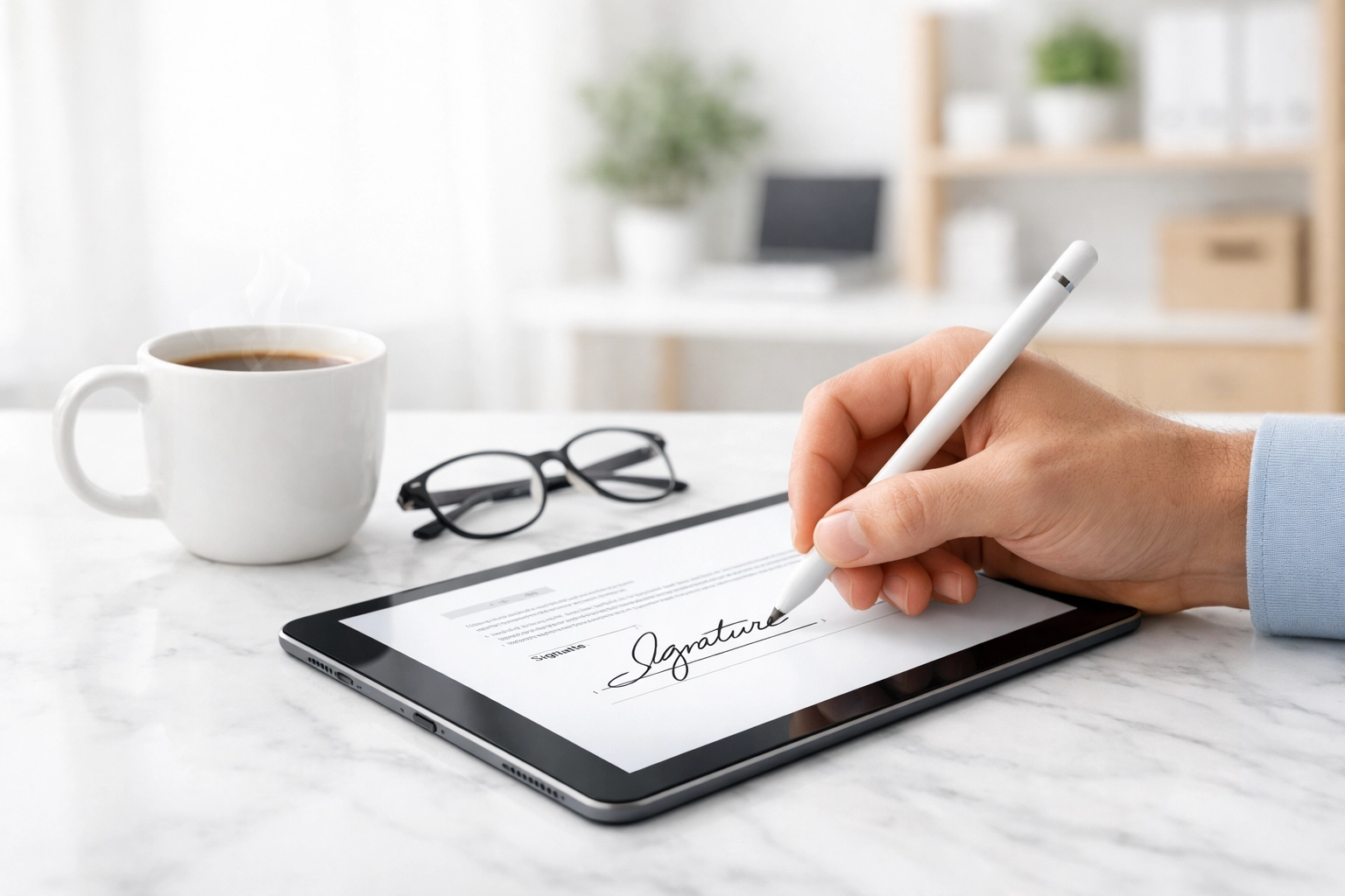 A person using a digital stylus for Remote Online Notarization of legal documents on a tablet.
