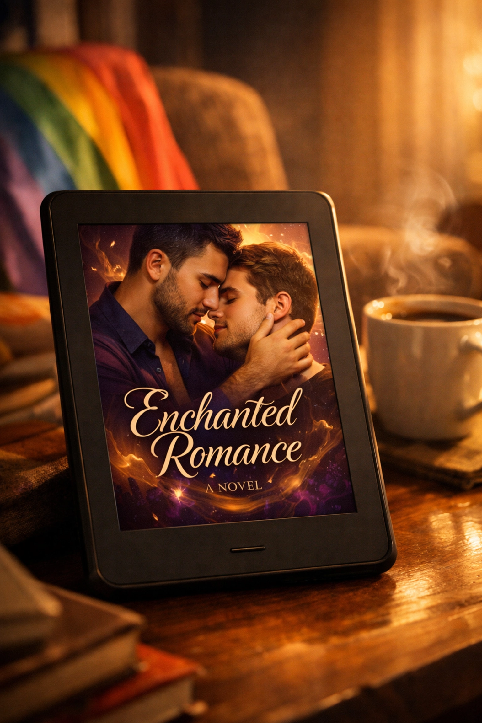 E-reader displaying premium MM romance ebook cover in cozy reading space with pride flag