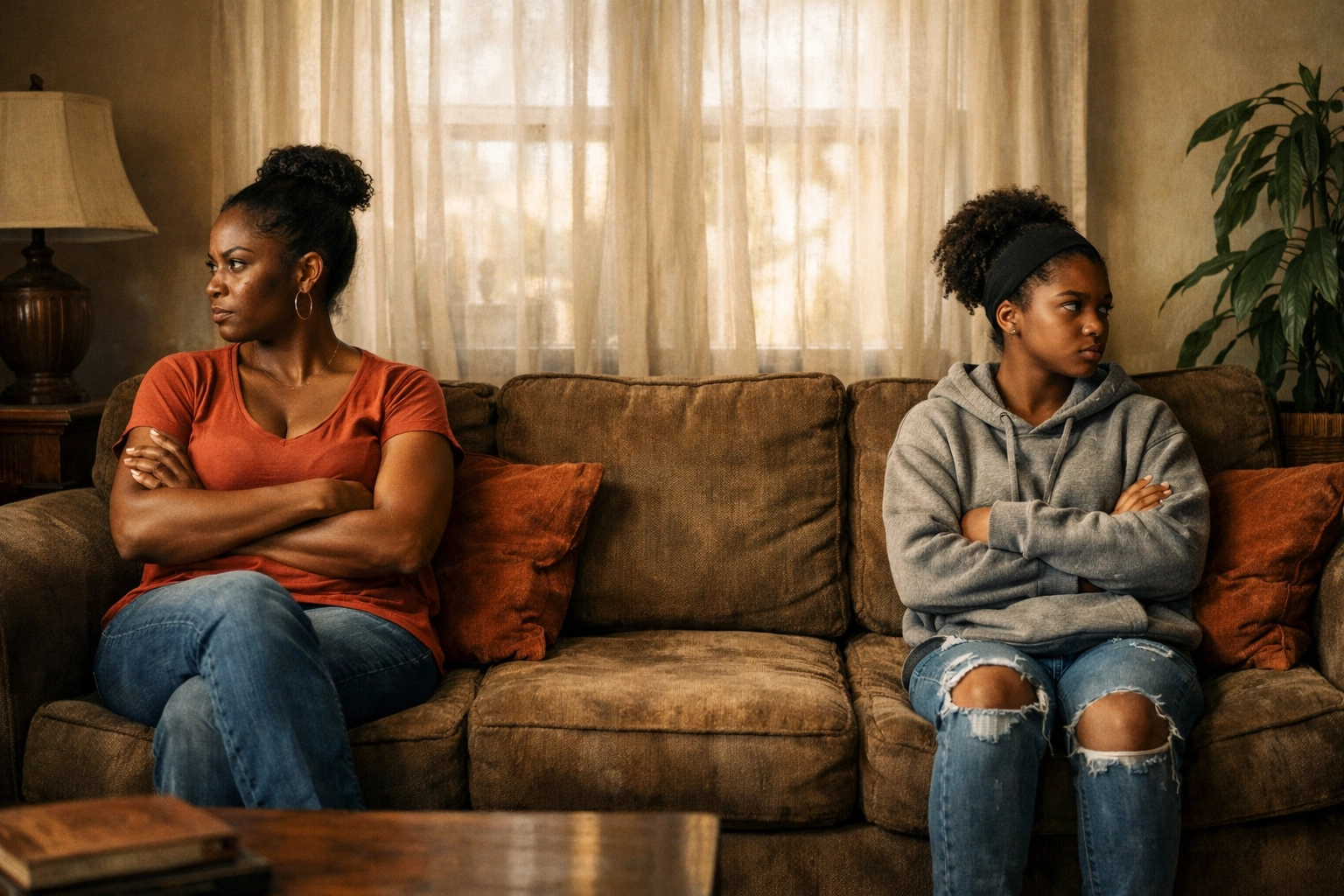 Black mother and teenage daughter experiencing family tension and conflict on couch