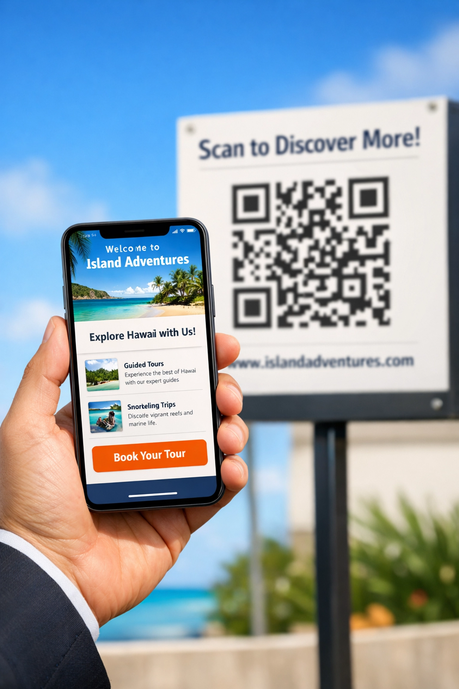 Smartphone displaying mobile-friendly website from QR code scan on outdoor business sign