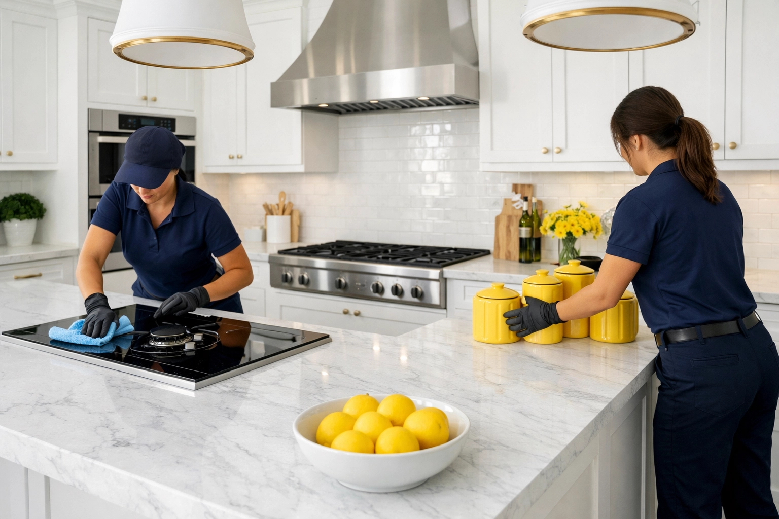 Professional team performing efficient residential cleaning Massachusetts in a luxury Dover kitchen.