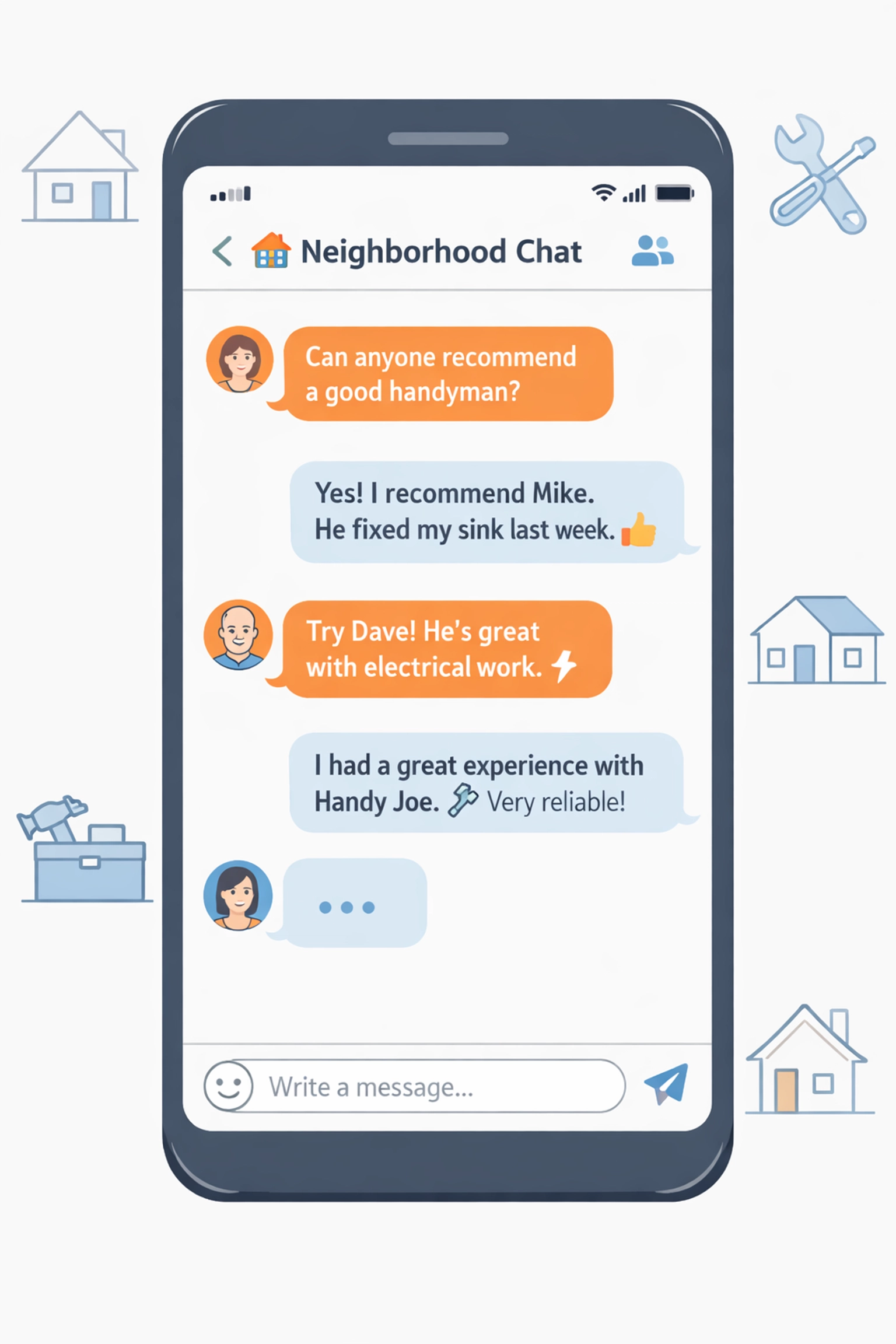 Smartphone showing community group chat with handyman recommendations and referrals