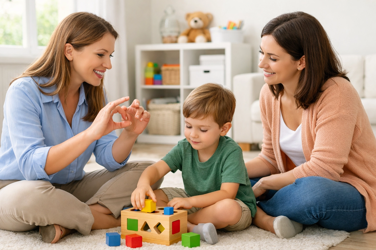 ABA therapist demonstrating caregiver coaching techniques to parent and child in Georgia
