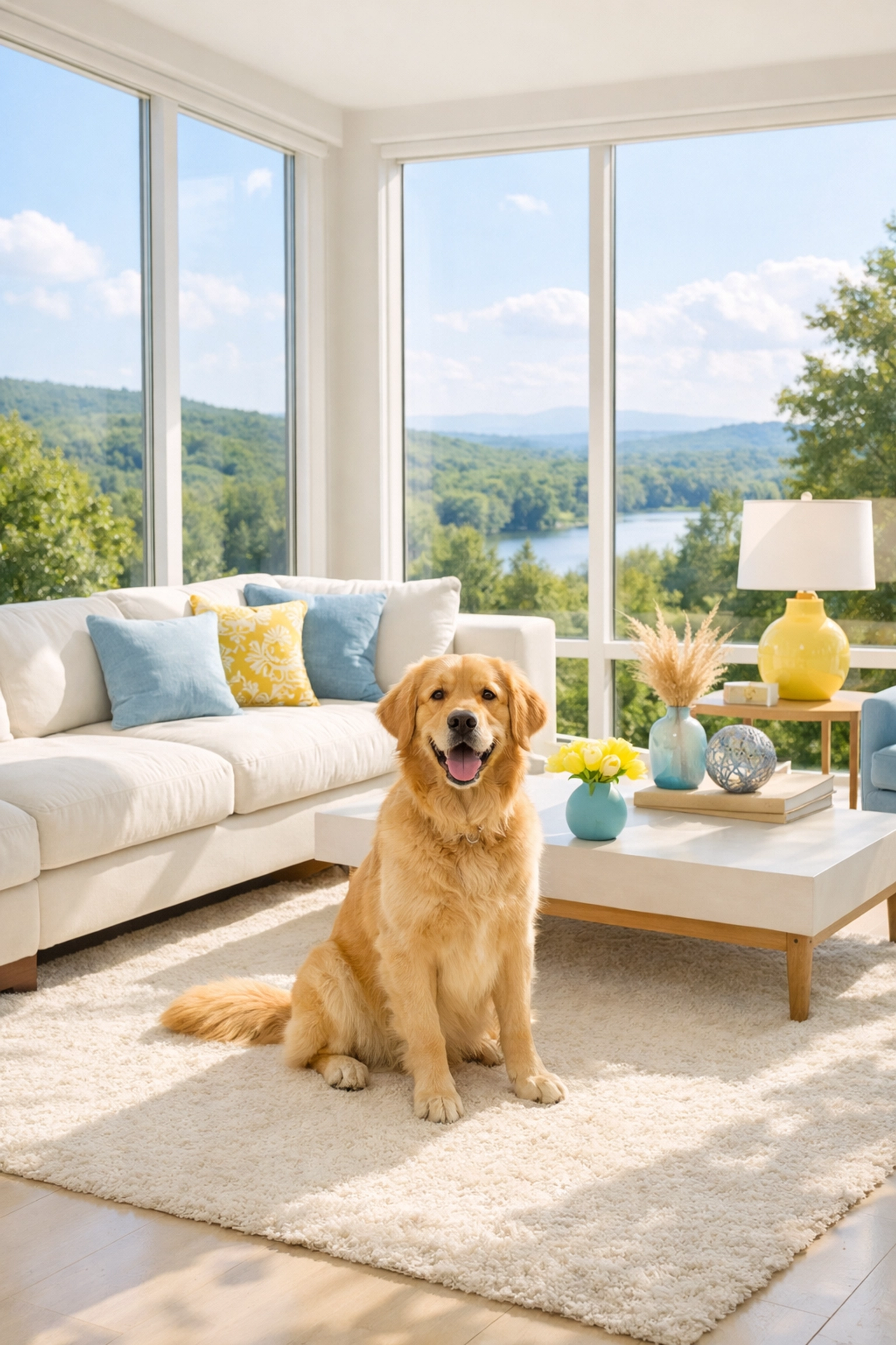 Sun-filled luxury living room with eco-friendly residential cleaning Massachusetts for a safe family environment.