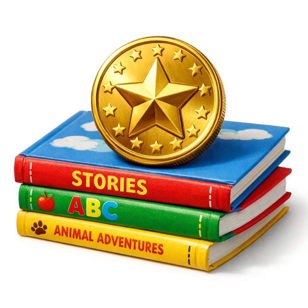 A stack of children's books with a gold reward token, highlighting literacy achievement in schools.