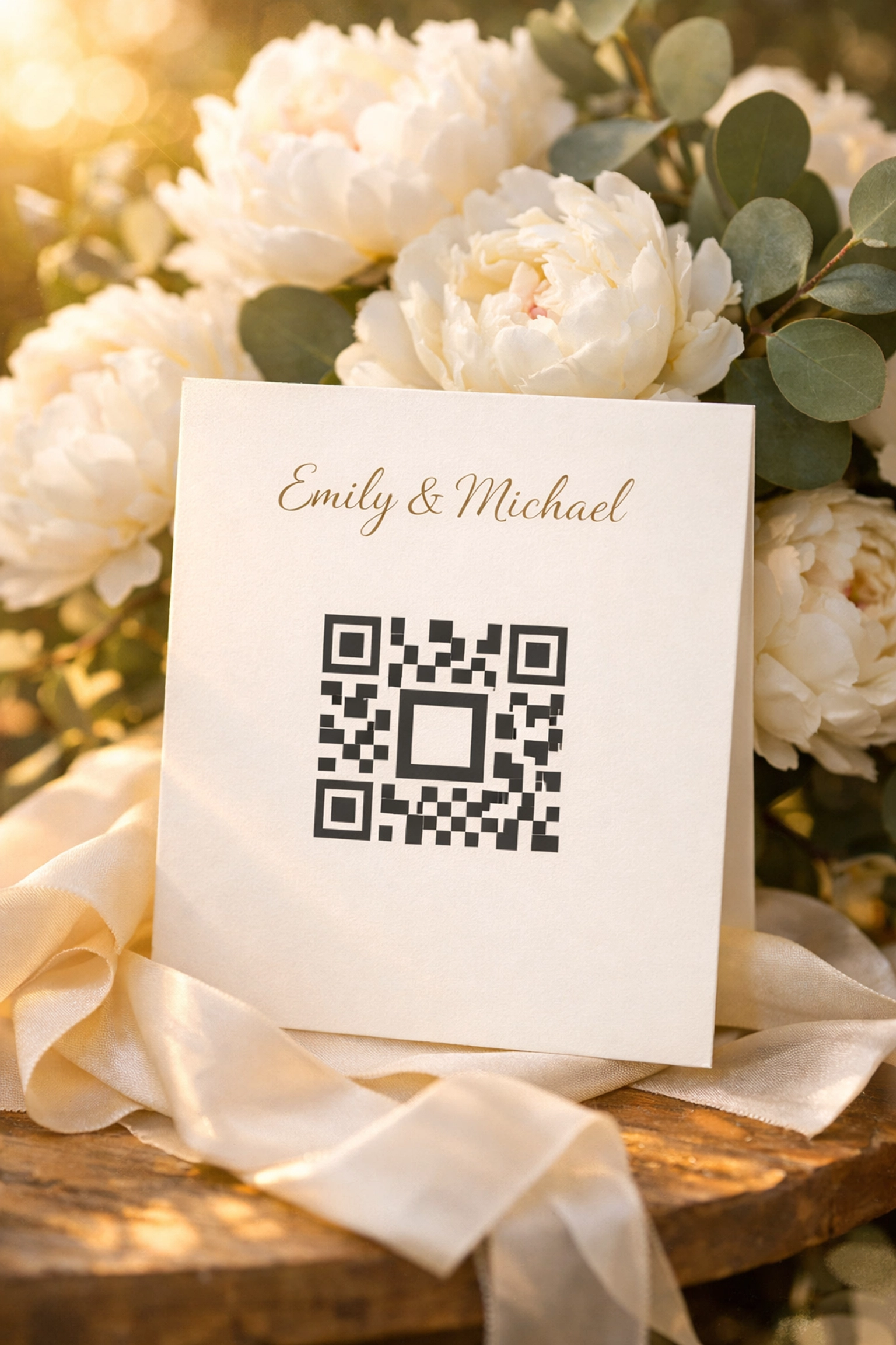 An elegant wedding invitation card with a QR code for easy digital RSVPs and wedding fund access.