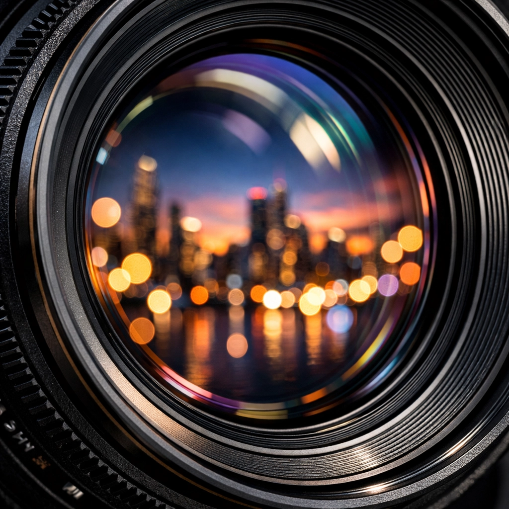 Close-up of a professional camera lens reflecting a city skyline, emphasizing quality gear and photo spots.