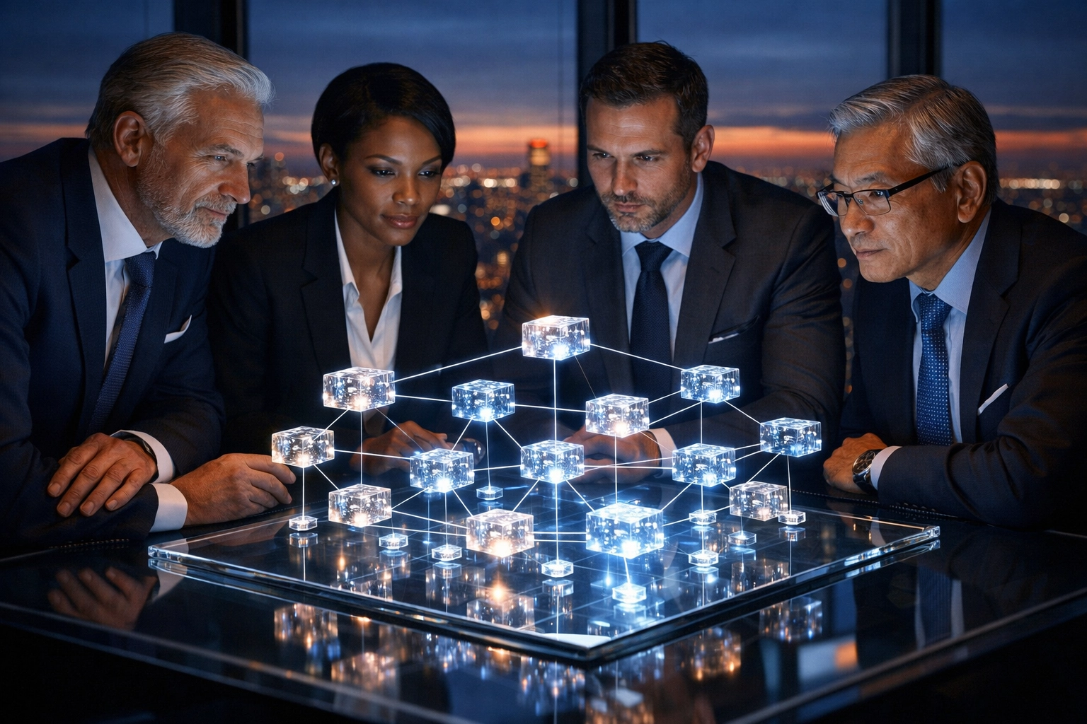 Professional leadership team reviewing organizational structure and milestones for a company overview and due diligence.