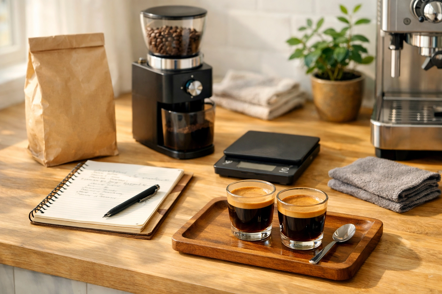 A cozy home espresso setup with fresh roasted coffee beans, a grinder, and two shots with thick crema.
