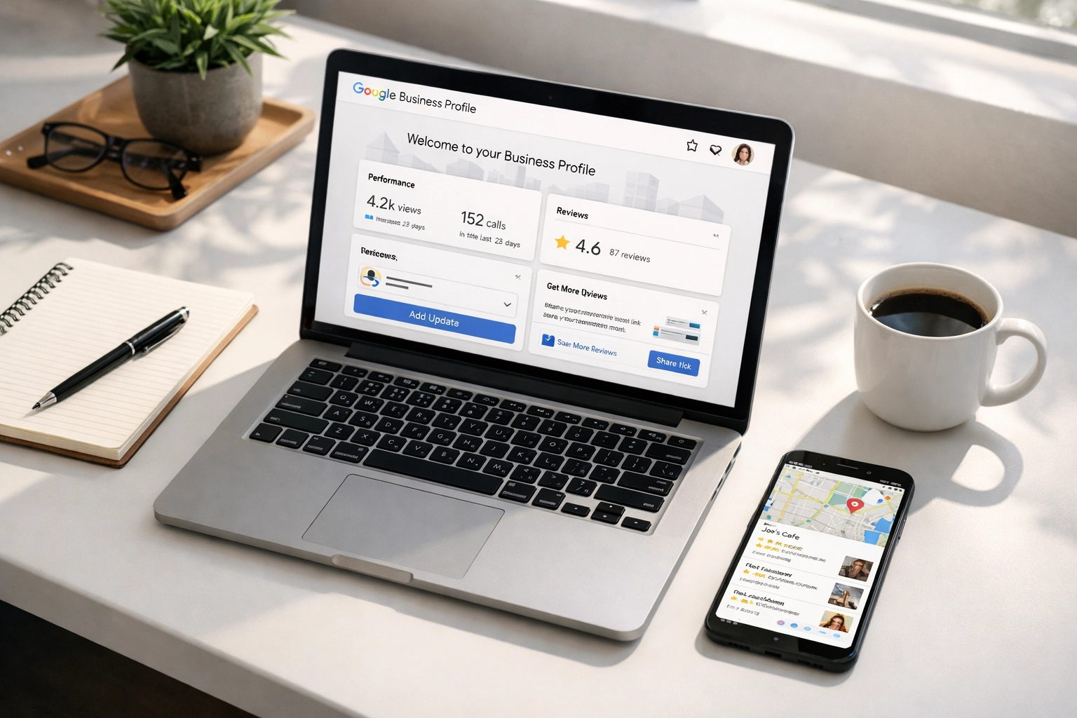 UK business owner managing Google Business Profile and local search listings on laptop and smartphone