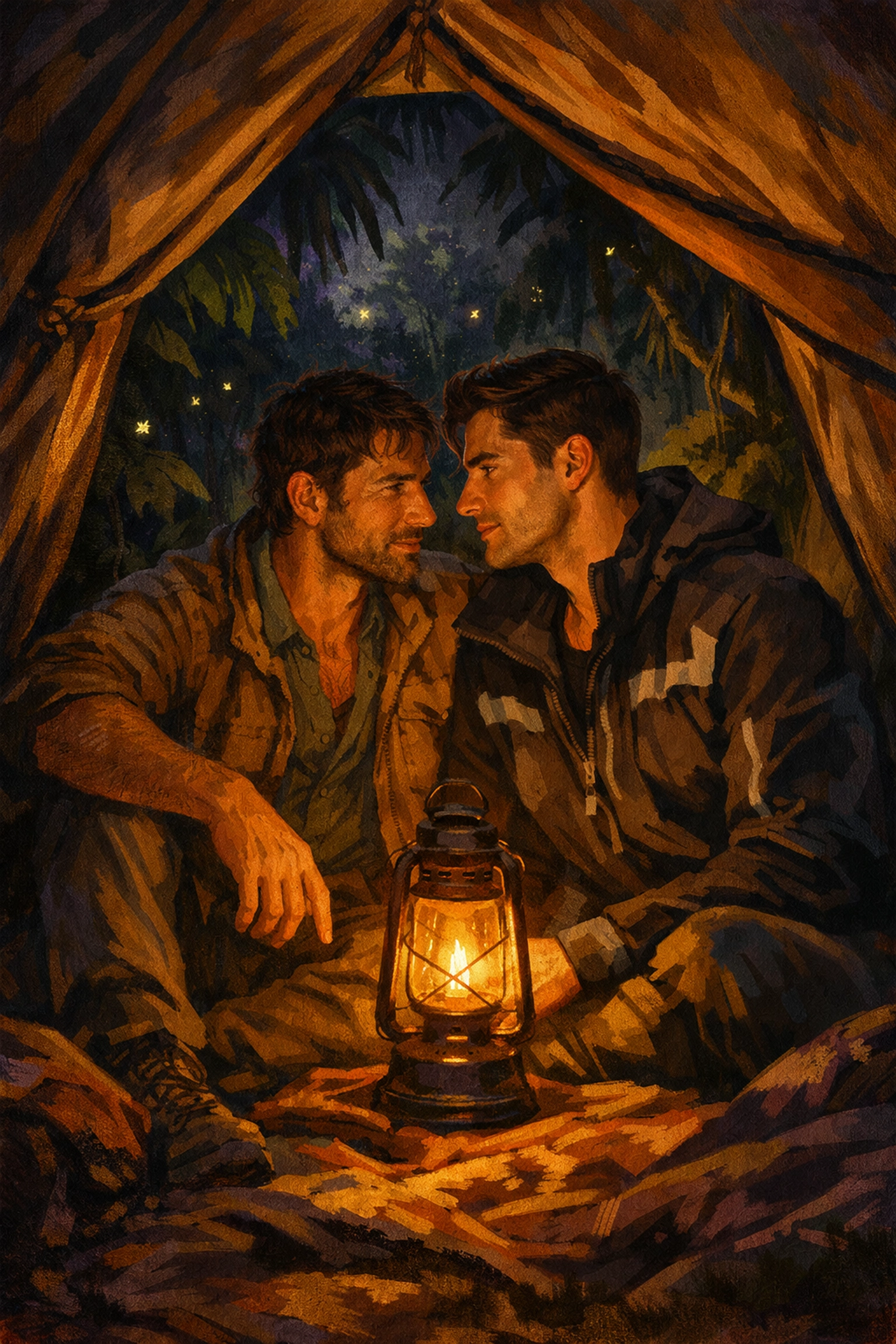 MM romance couple sharing intimate night in Amazon rainforest camping tent