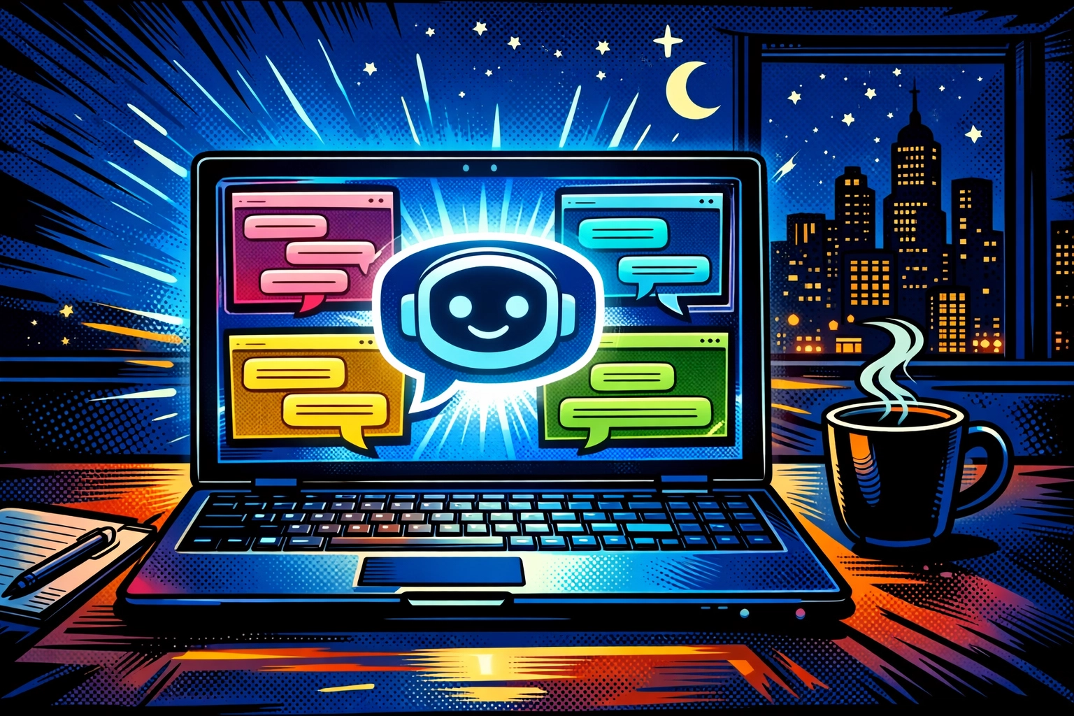 AI virtual assistant handling multiple customer conversations simultaneously at night