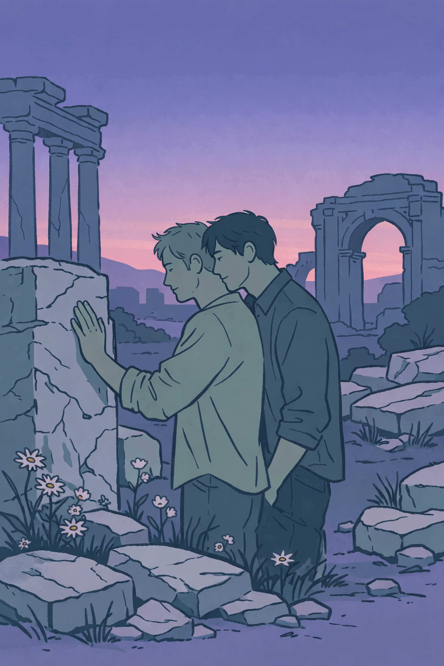 Gay romance among Roman ruins - emotional healing and intimate moment at sunset