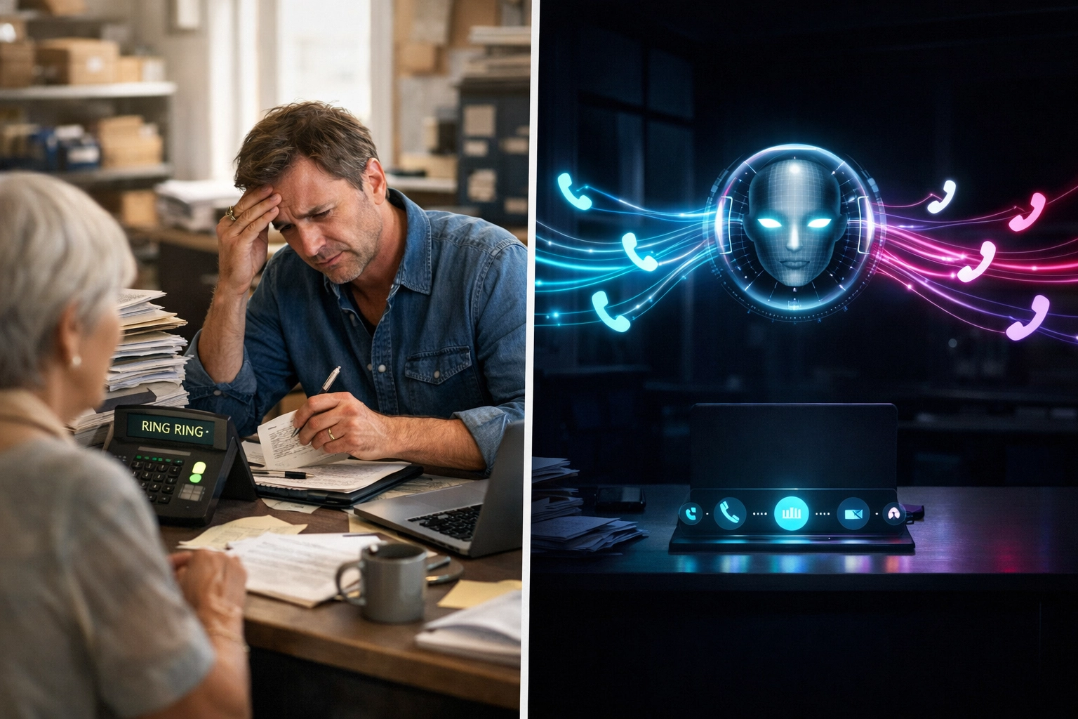 Small business owner overwhelmed by calls compared to AI receptionist handling multiple calls efficiently