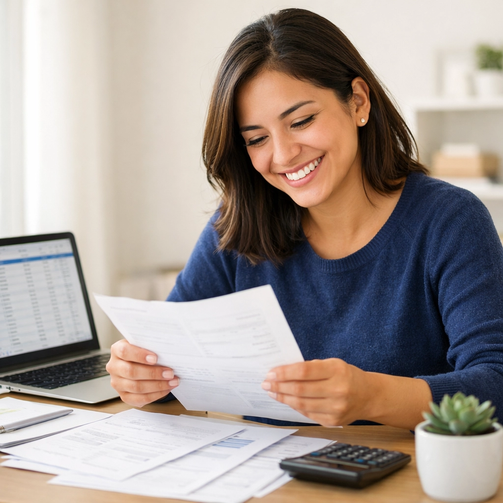 Woman reviewing credit repair documents and financial statements at home office desk