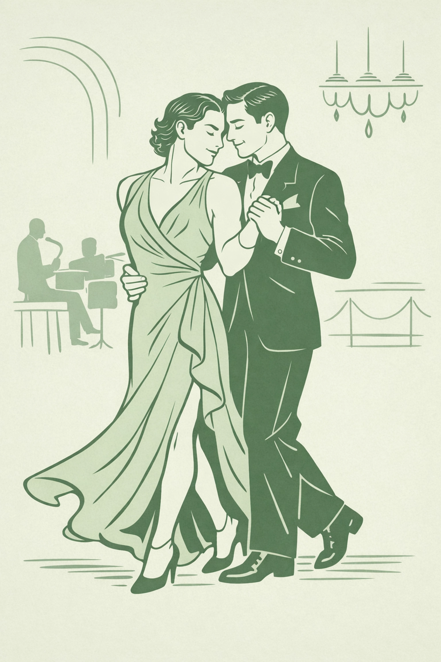 Two men dancing in vintage Hollywood glamour - flowing gown and classic tuxedo ballroom scene