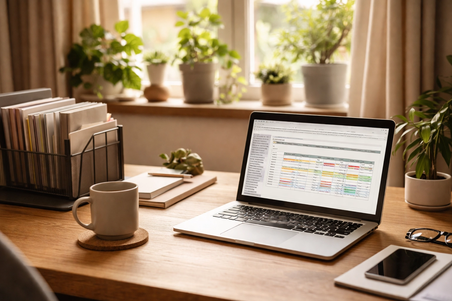 Organized home office with bookkeeping files and laptop, representing monthly bookkeeping for small businesses