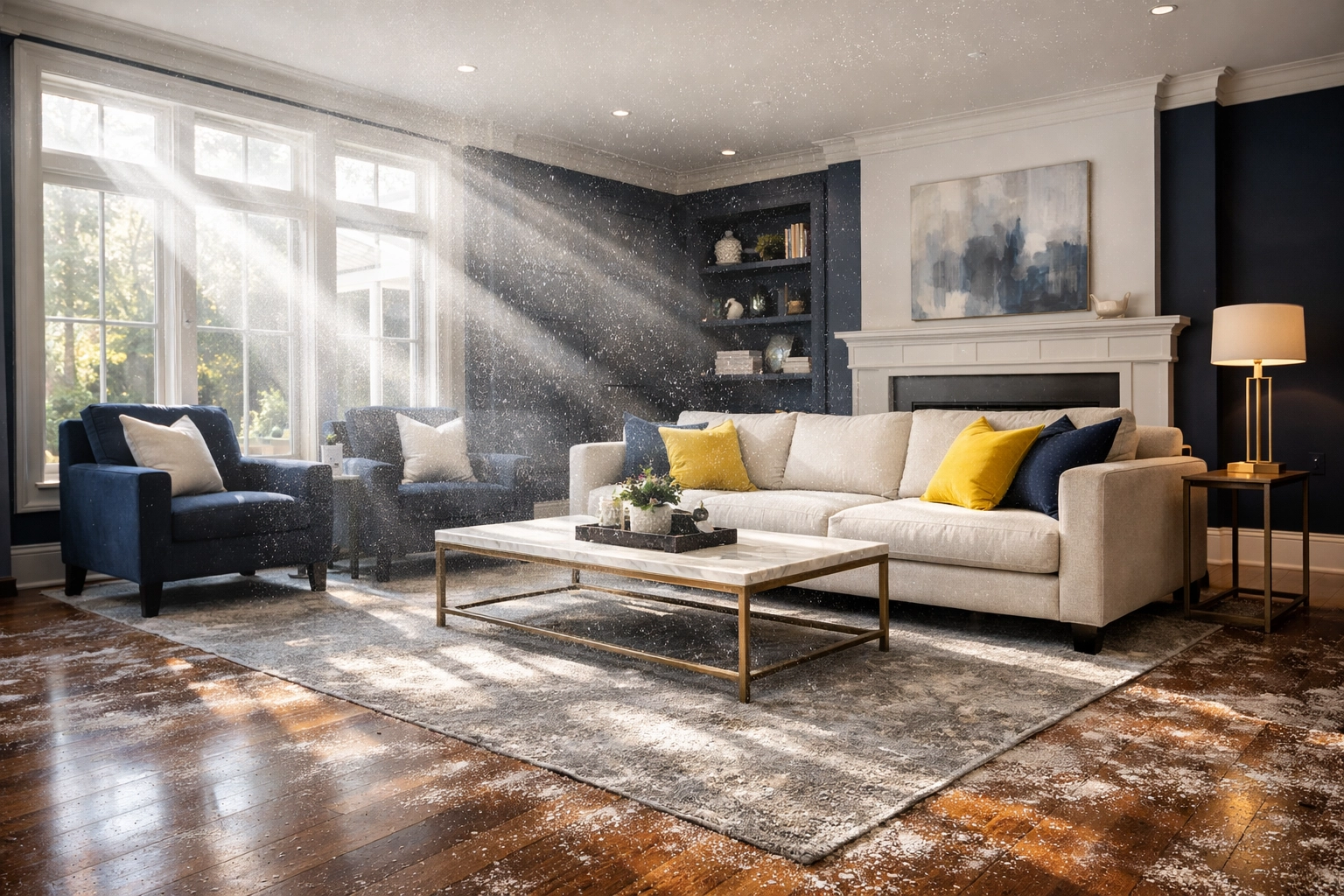 Post construction cleaning Milford needed for a sunlit living room covered in fine renovation dust.