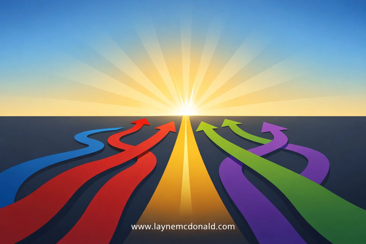 Converging paths leading to a single bright vision for unified church leadership and ministry.