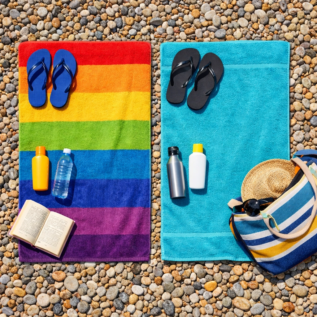Beach day essentials laid out on pebbles at Brighton's LGBTQ+ friendly naturist beach