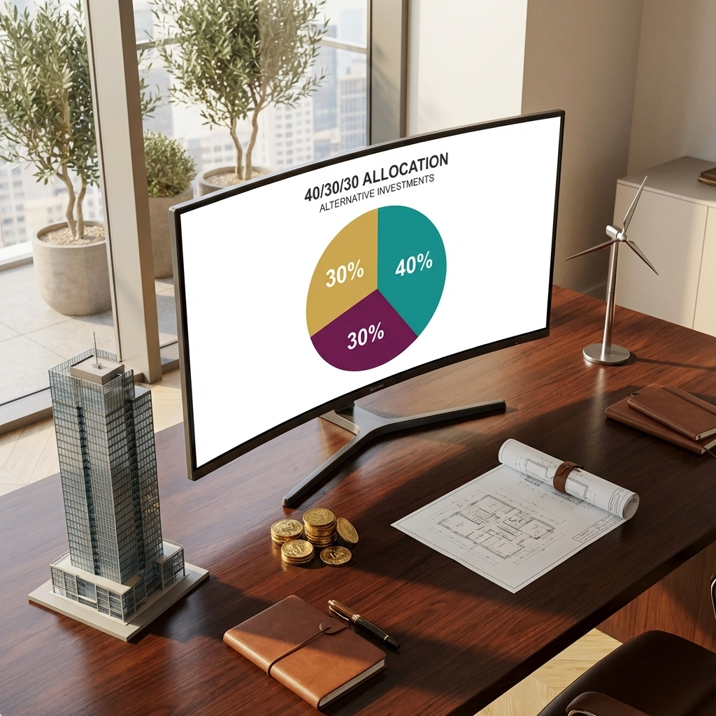 Investor desk featuring a pie chart for the 40/30/30 allocation with symbols of alternative investments