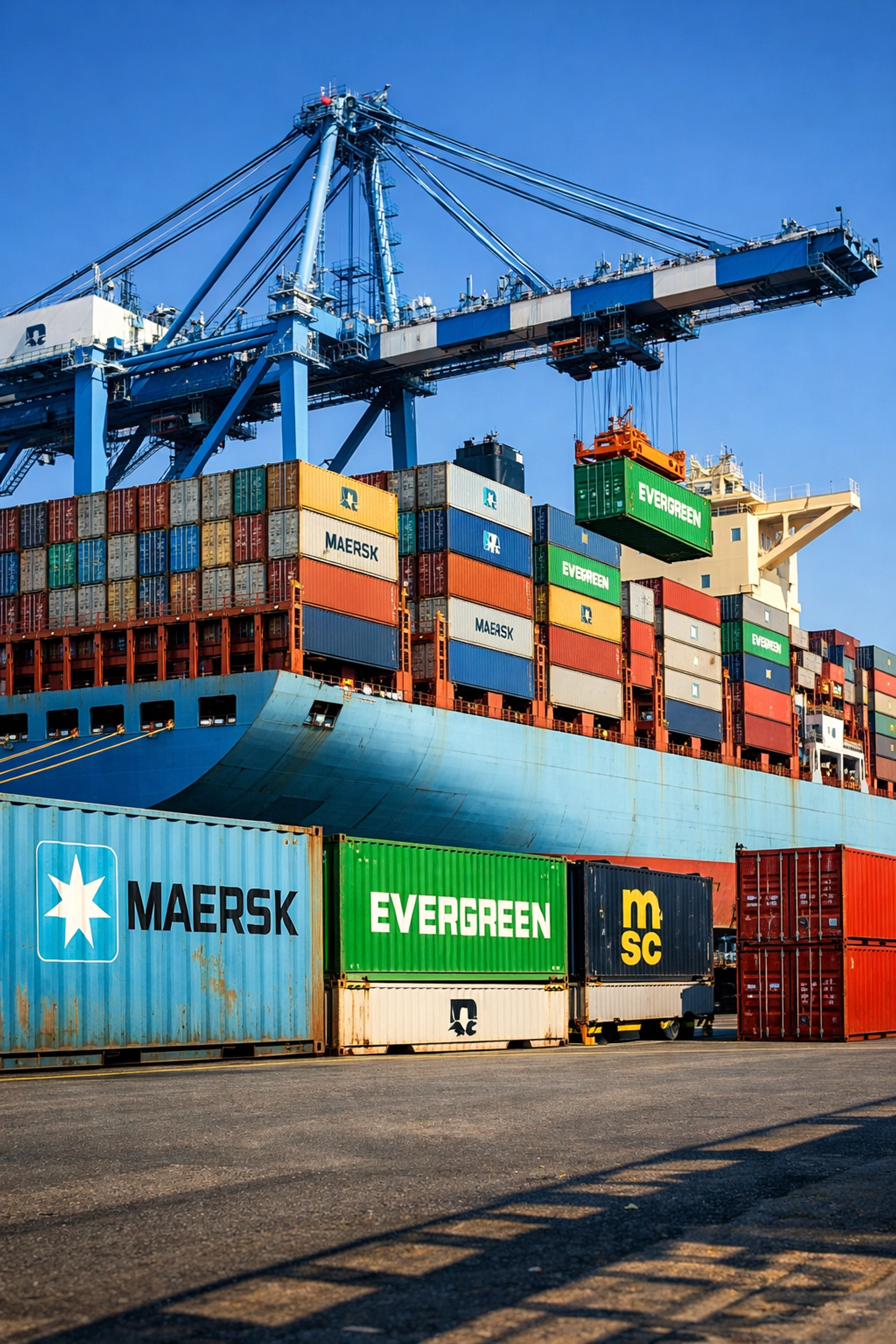 Container ship being loaded at busy port terminal with major shipping lines