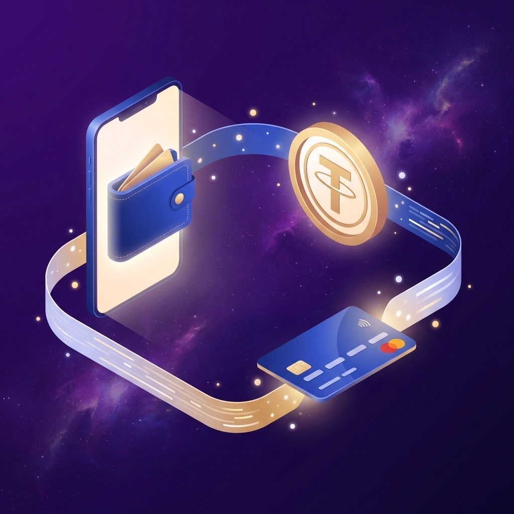 A connected digital ecosystem with a smartphone wallet and instant debit card transfers shows seamless Web3 payments.