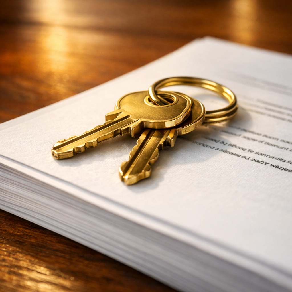 Brass house keys on closing documents representing Alabama real estate closing costs and legal fees.