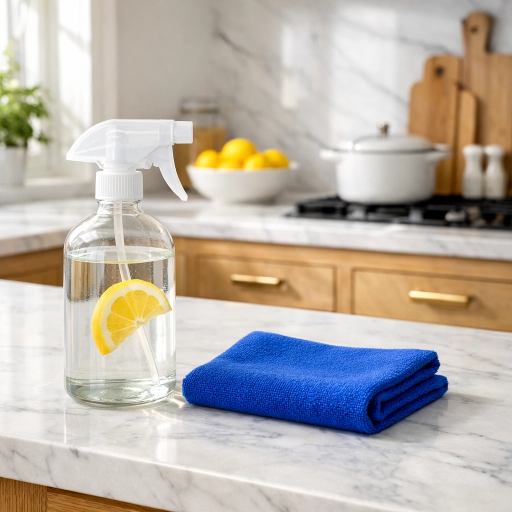 Eco-friendly spray bottle and microfiber cloth for weekly house cleaning in Wellesley MA kitchens.