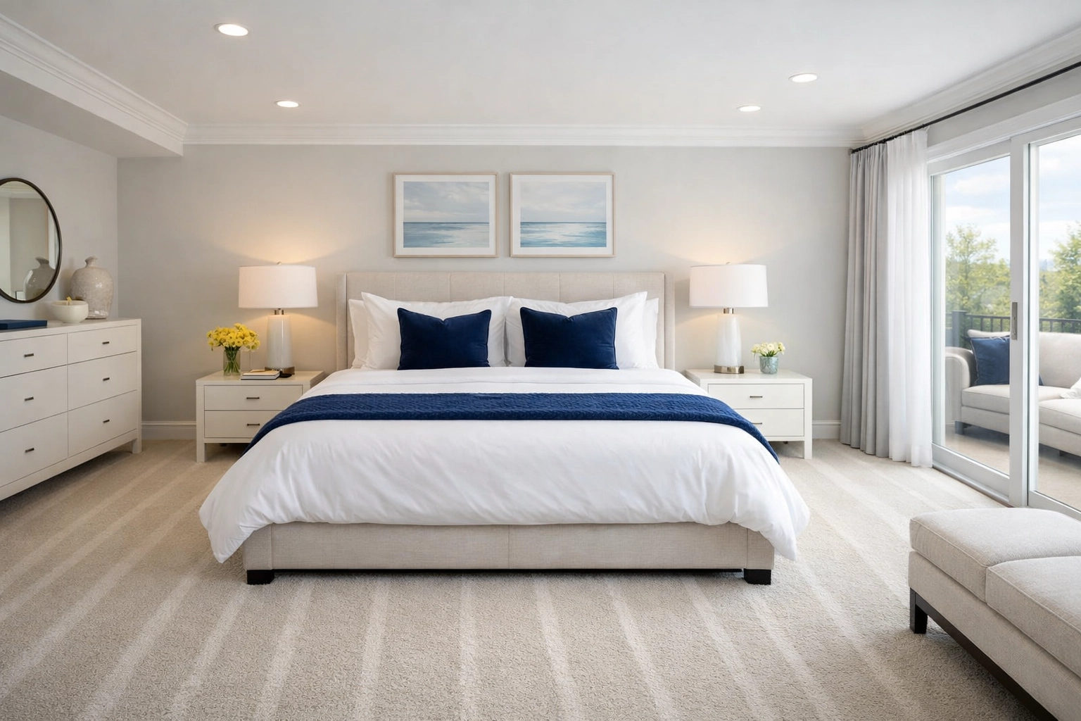 Organized bedroom with vacuum lines highlighting professional residential cleaning in Leominster MA.