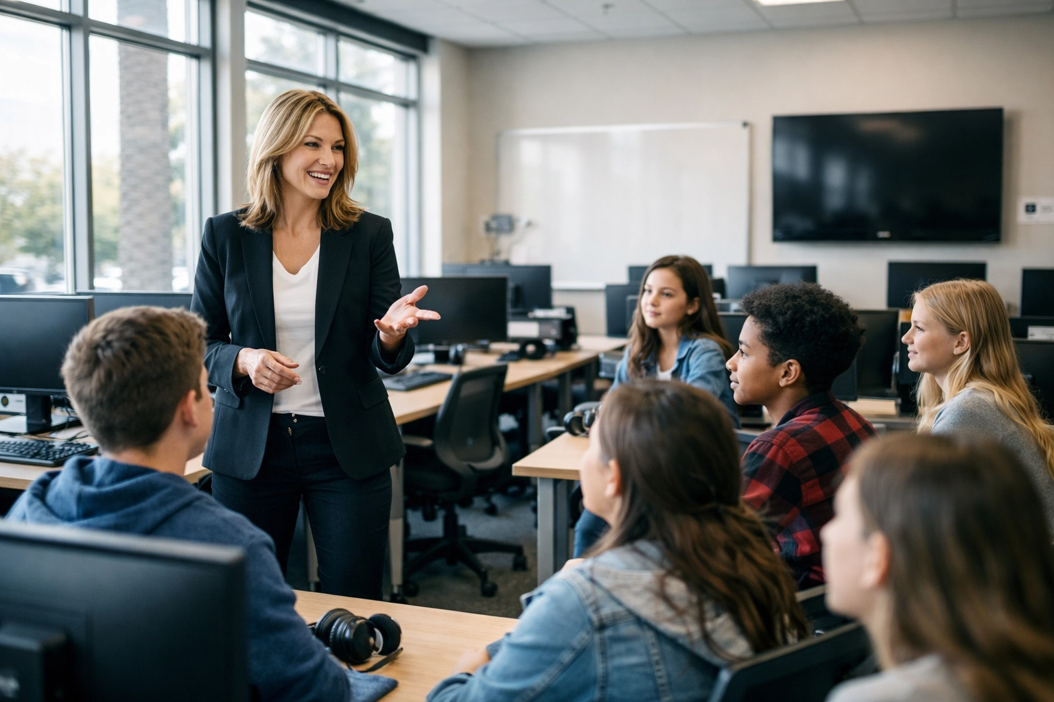 Tech executive mentoring high school students in a computer lab to build a next-gen talent funnel.