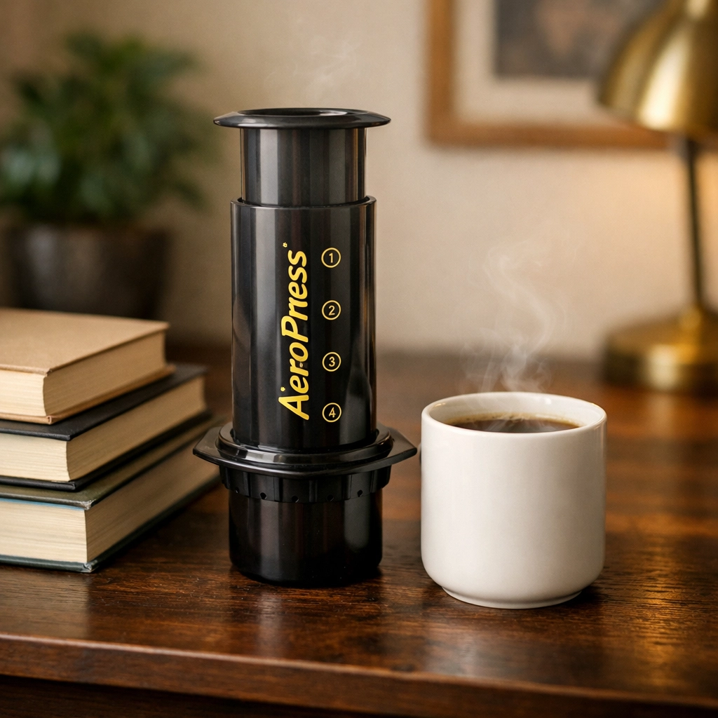 Aeropress coffee maker on a desk beside a mug, ideal single-serve home brewing setup