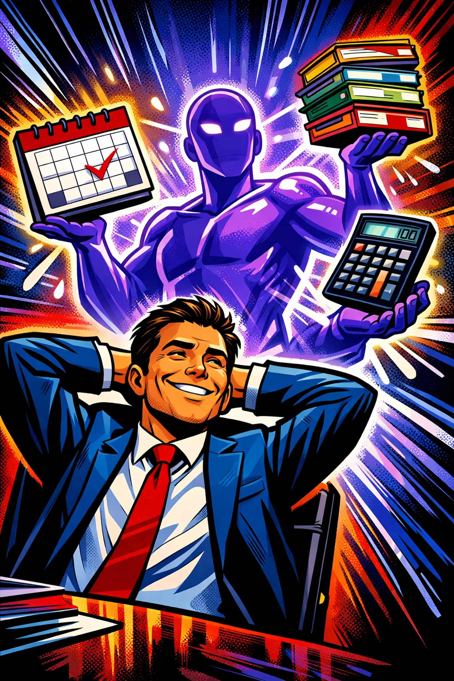 A glowing AI virtual assistant juggling business tasks for a smiling, relaxed entrepreneur.