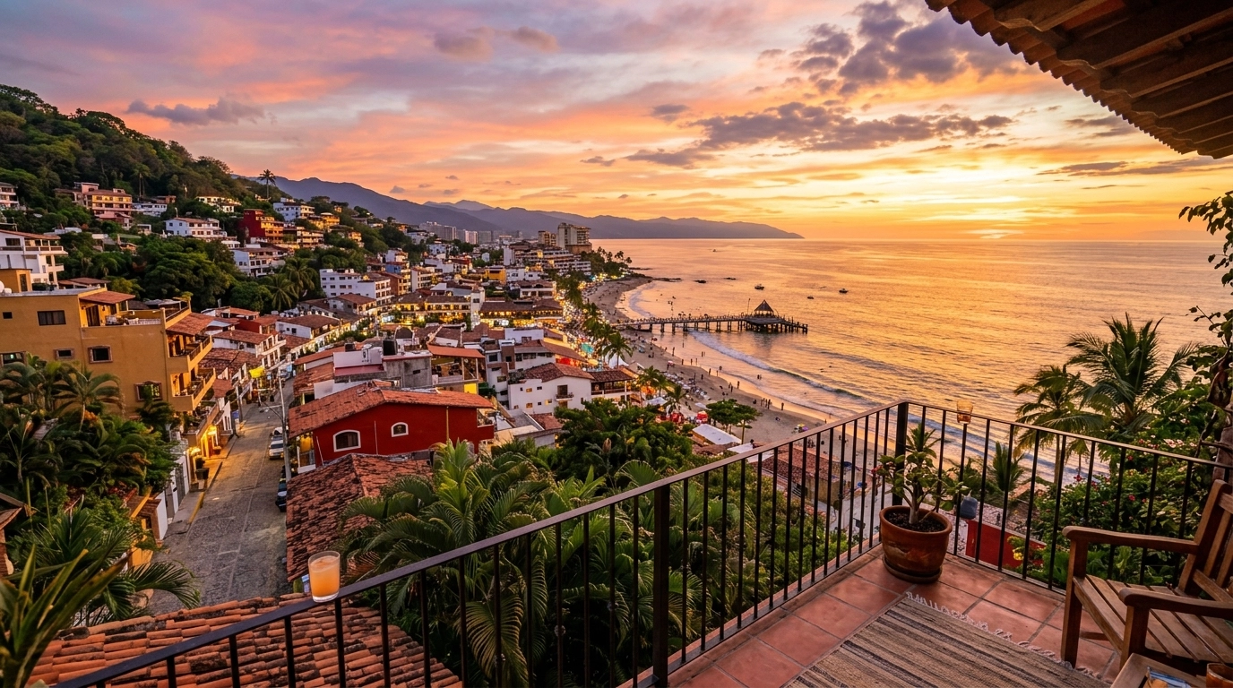 Sunset balcony-style view from Amapas toward Zona Romantica with palm trees and city colors.
