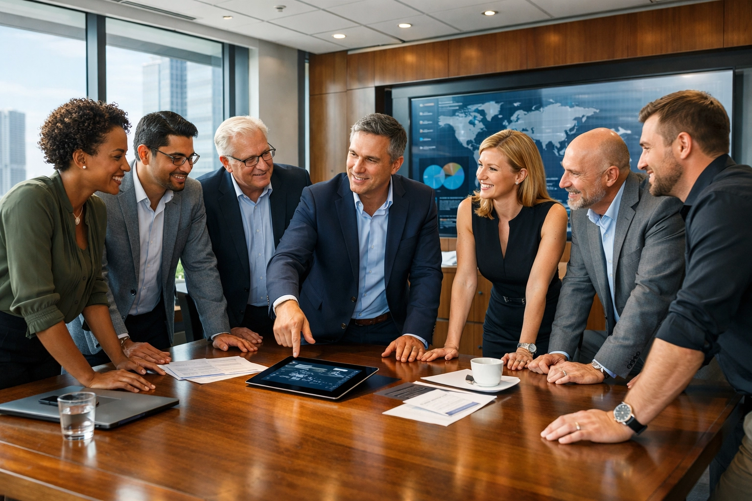 ServiceNow consulting services team collaborating on strategic ITOM and ROI goals in a modern office.