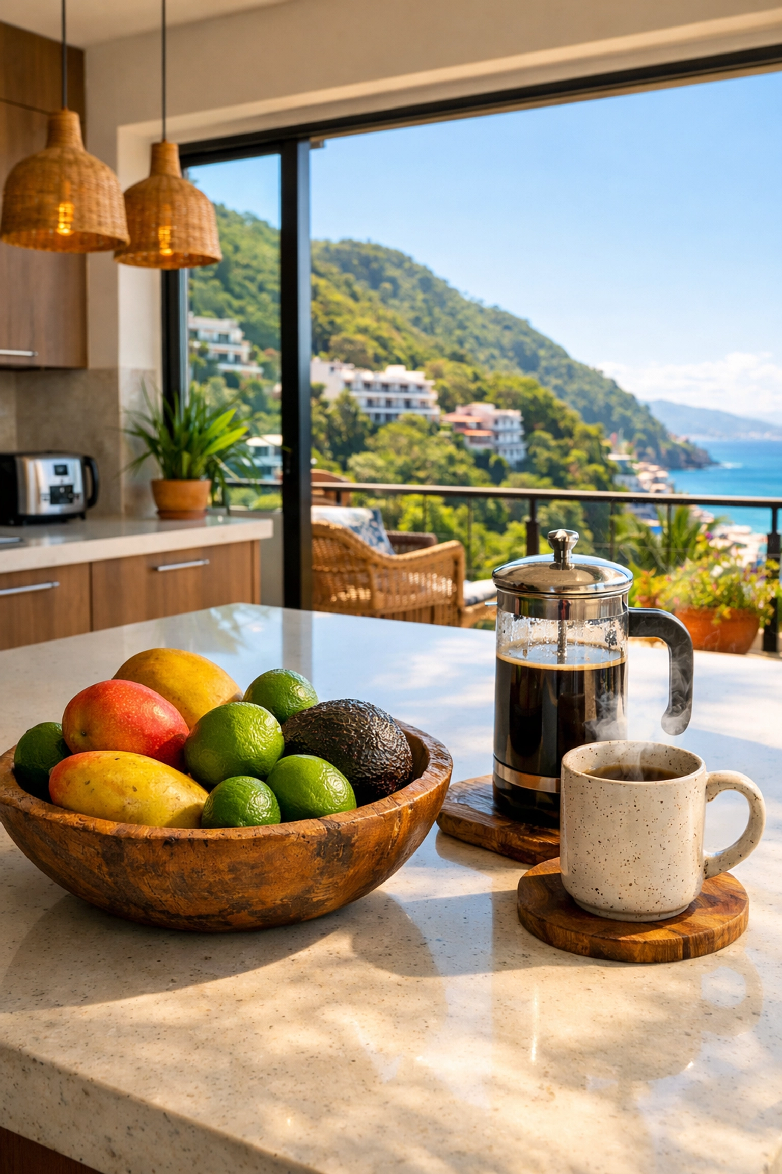 Modern kitchen in a puerto vallarta rental condos unit with fresh fruit and views of the Amapas hills.