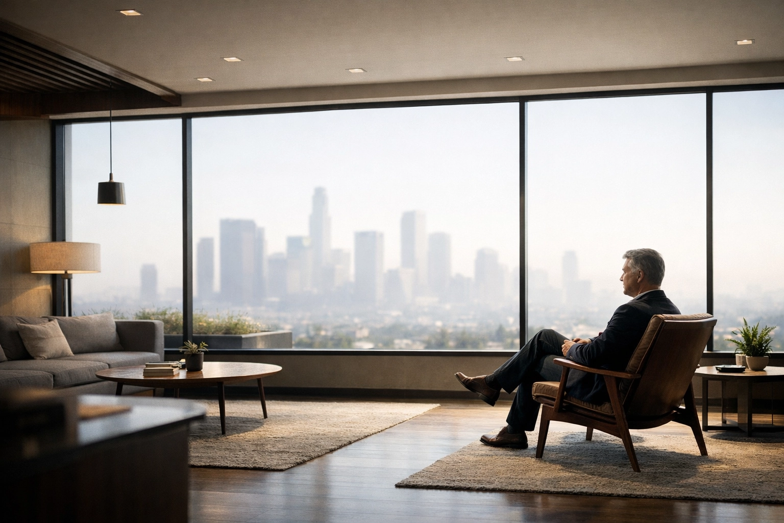 A startup founder looking at a city skyline, reflecting on strategy after delegating inbox tasks.