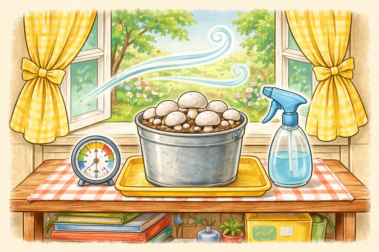 Mushroom bucket set up safely on a tray near an open window with simple tools nearby