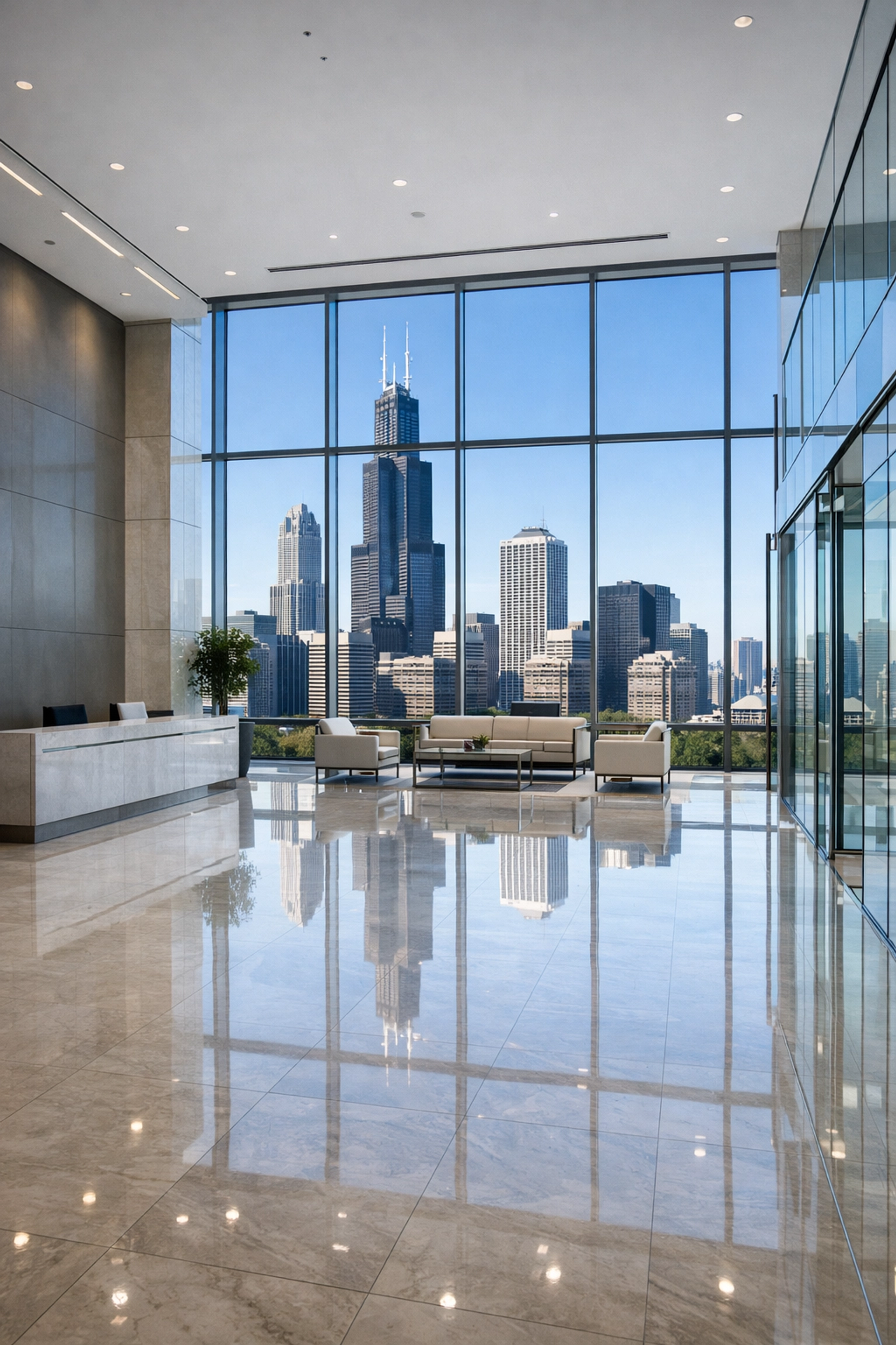 Pristine Chicago office lobby with polished floors and skyline view representing commercial cleaning standards.