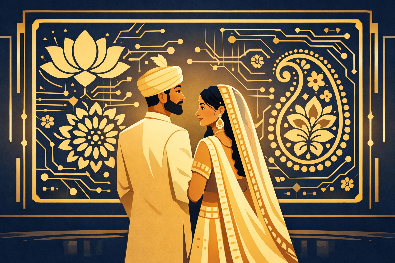 A modern South Asian couple interacting with a sophisticated digital wedding planning interface.