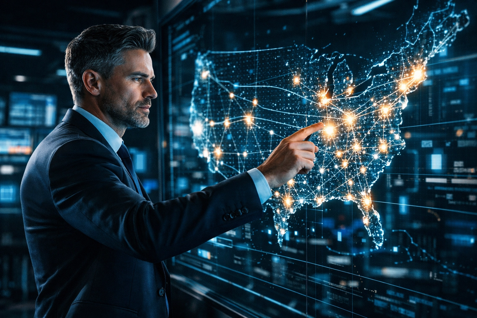 A marketing expert managing a digital network of connected advertising screens for real-time sports branding.